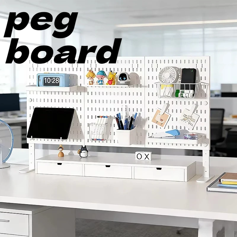 PP Plastic Desk Pegboard Organizer, Clamp-On & Stand Base Dual Mount Hole Board with Hooks for Office Desktop Stationery Storage
