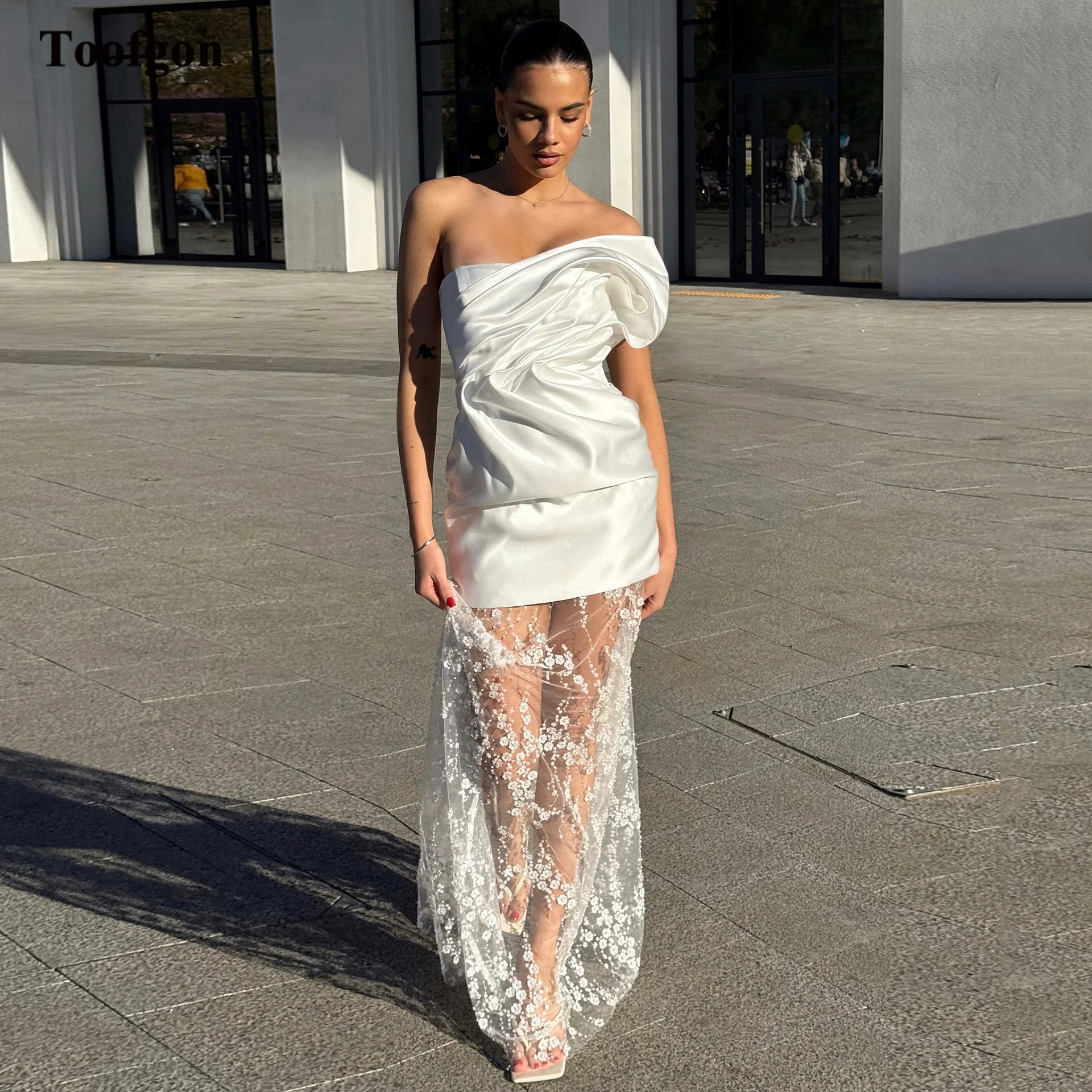 

Toofgon Detachable Lace Skirt Customized Bridal Gowns For Bride Photo Gowns Sheath Satin Corset Back Formal Party Wedding Dress