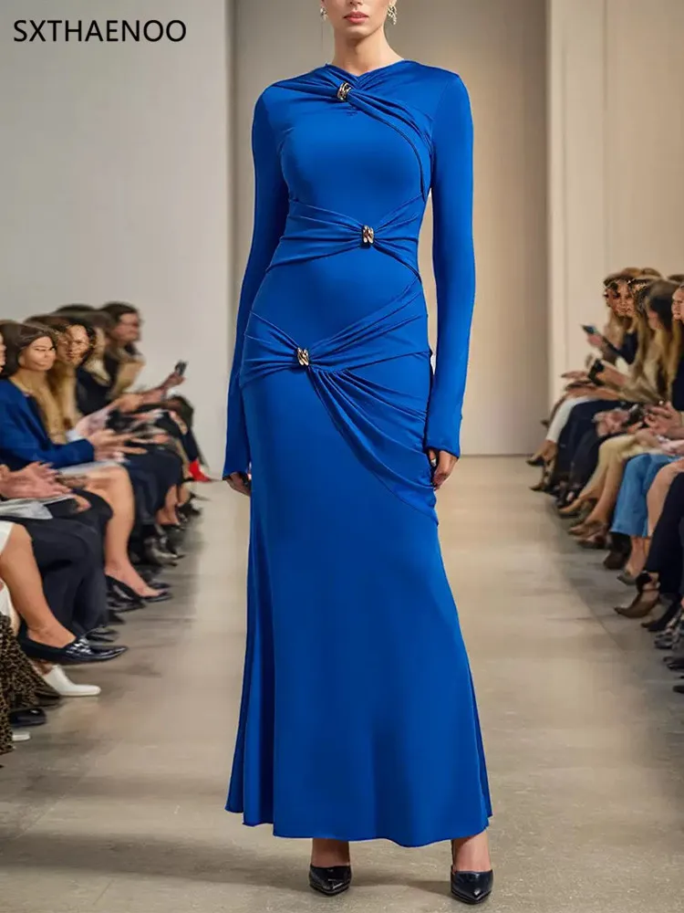 SXTHAENOO Effen Onregelmatige Jurken Voor Vrouwen Ronde Hals Lange Mouw Hoge Taille Afslanken Gesplitste Metalen Gesp Lange Jurk Vrouwelijke
