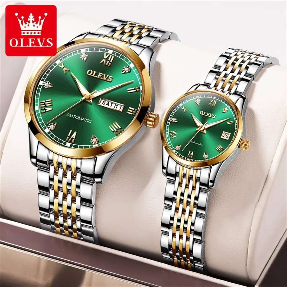 OLEVS Couple Pair Watches Set Automatic Mechanical Self Winding Dress Matching Watch for His and Hers Valentines Day Gifts