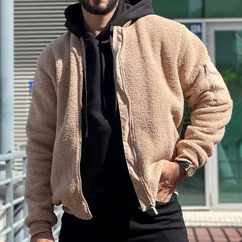 Autumn Solid Color Furry Wool Outwear For Male Winter 2024 Stand Collar Fleece Jackets Warm Stitching Woolen Long Sleeve Coats