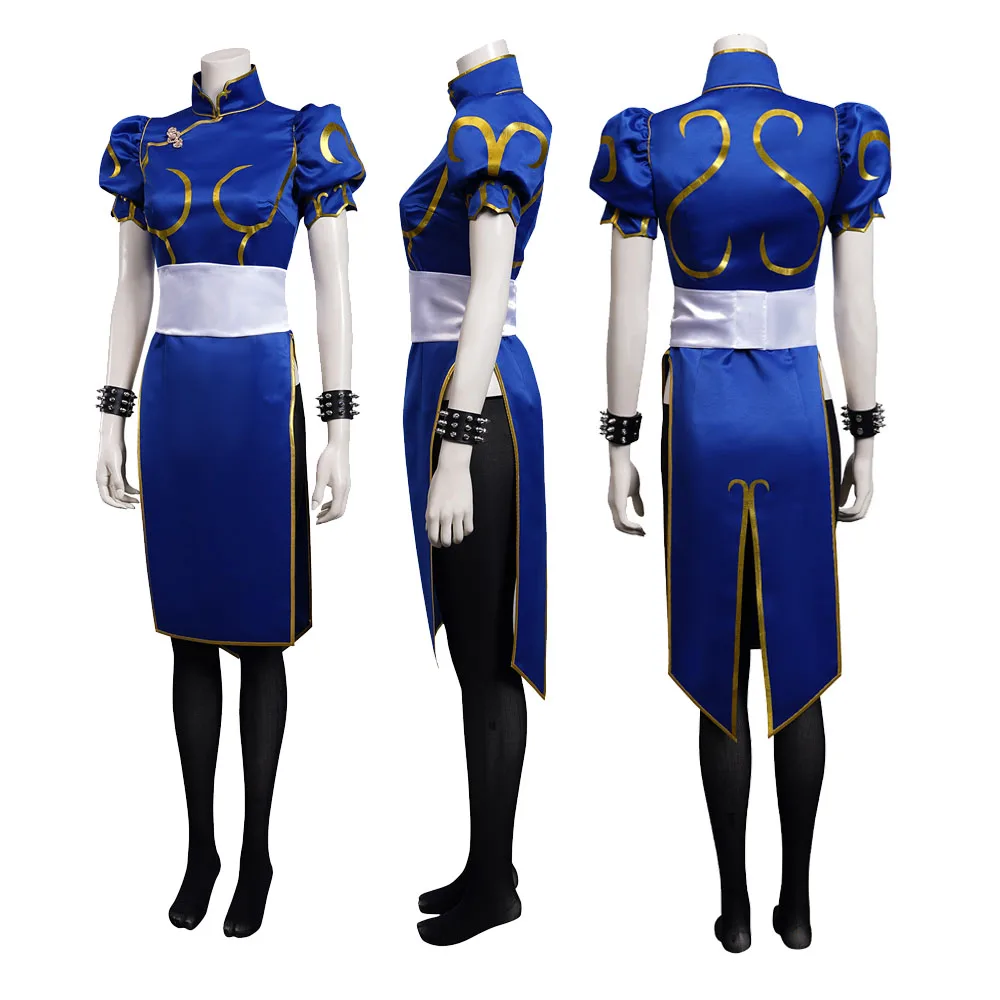 

Chun Li Cosplay Female Costume Dress Cheongsam Halloween Party Disguise Suit Female Role Play Blue Skirts Full Set Outfits