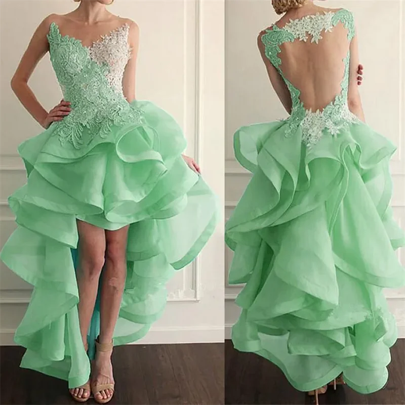 2024 Elegant Sheer Jewel Neckline Hi-lo A-line Prom Dresses With Lace Appliques Ruffled Organza Evening Gowns