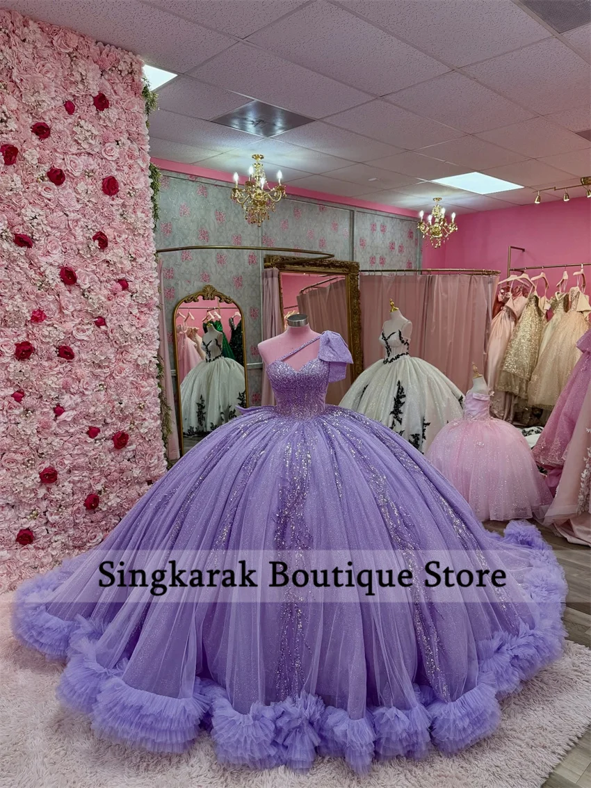 

Princess Lavender Purple Quinceanera Dresses With Bow Bead Crystals Tiered Ruffles 15th Birthday Party Dress Ball Gown Customize