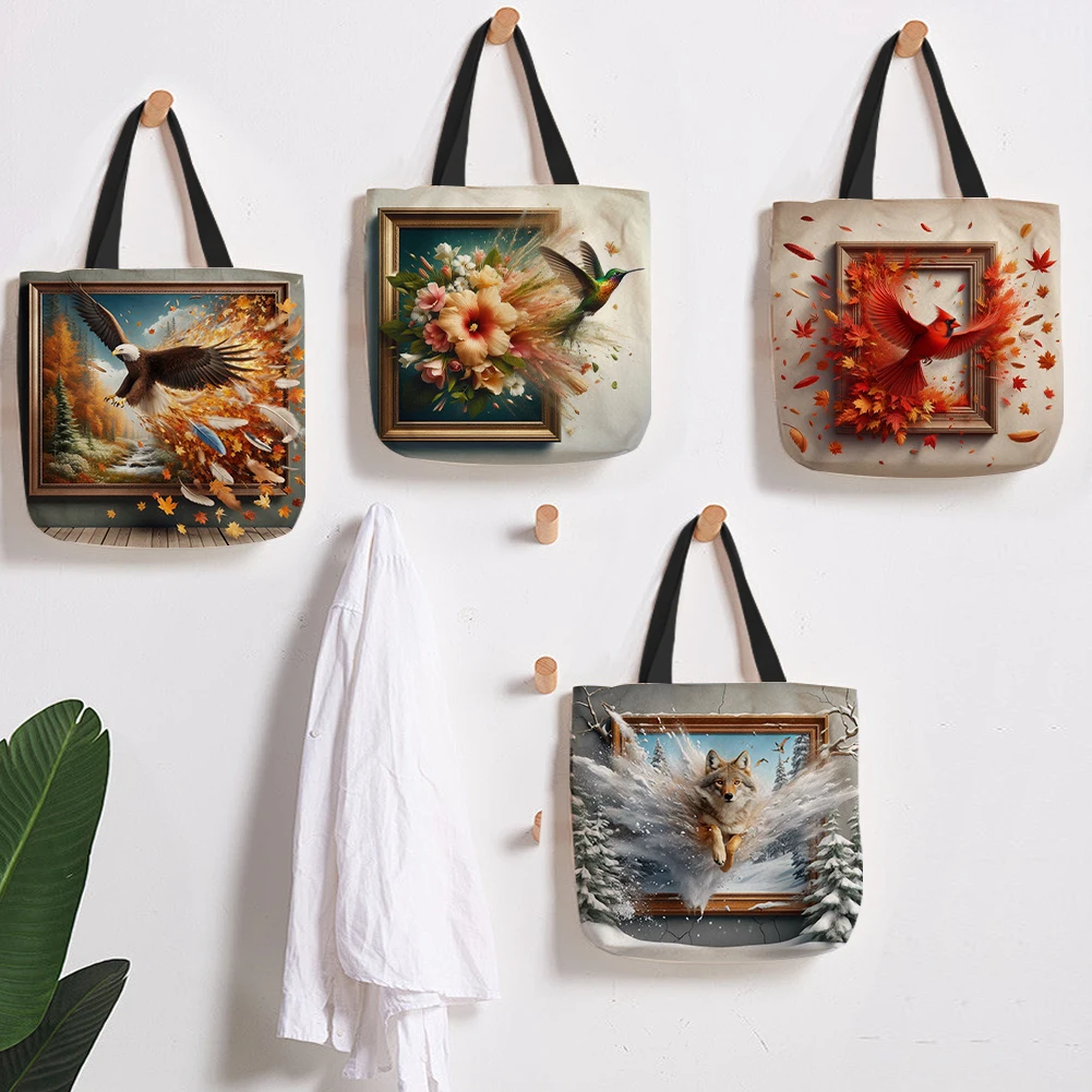 4pcs Birds Large Capacity Linen Tote Bag