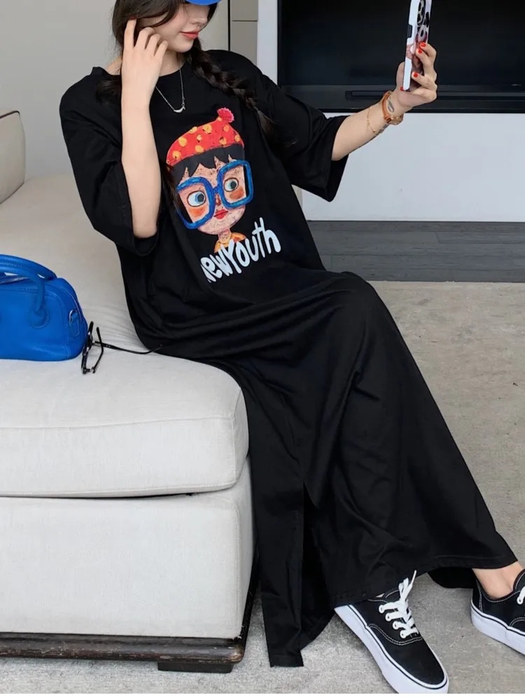 Abito lungo estivo allentato in cartone animato da donna Taglie forti Girocollo coreano Manica corta Stampa Abito t-shirt grande da donna