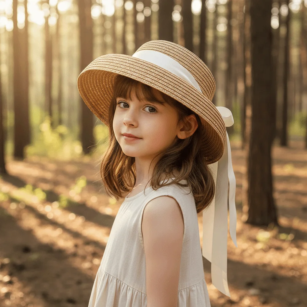

Cute Large Brim Children Straw Hat with Windproof Rope Rounded Toddler Beach Hat Breathable with Lace Sunshade Straw Cap Daily