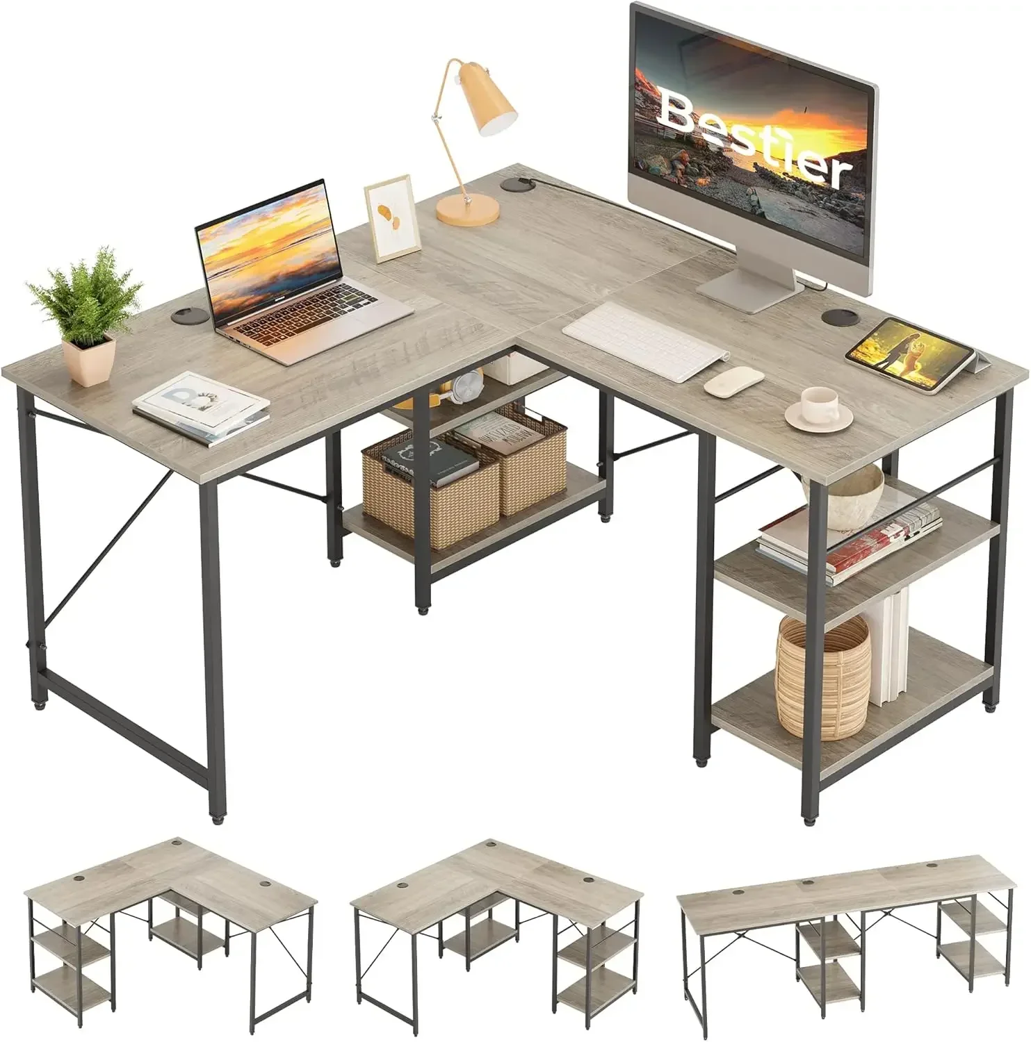 L Shaped Desk with Shelves 86 Inch Reversible Corner Computer Desk or 2 Person Long Table