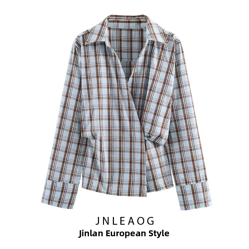 

Faionable Plaid antung irt JNLEAOG Autumn New Women's Clothing Double Frontal Loose Fit Long Sve Polyester Polyester...