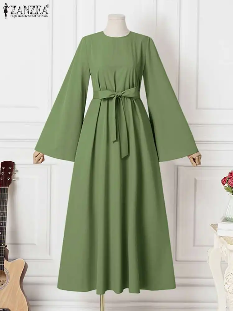 ZANZEA Fashion Muslim Dress Women Elegant Long Flare Sleeve Maxi Long Sundress Kaftan Abaya Ramadan Vestidos Solid Robe Femme