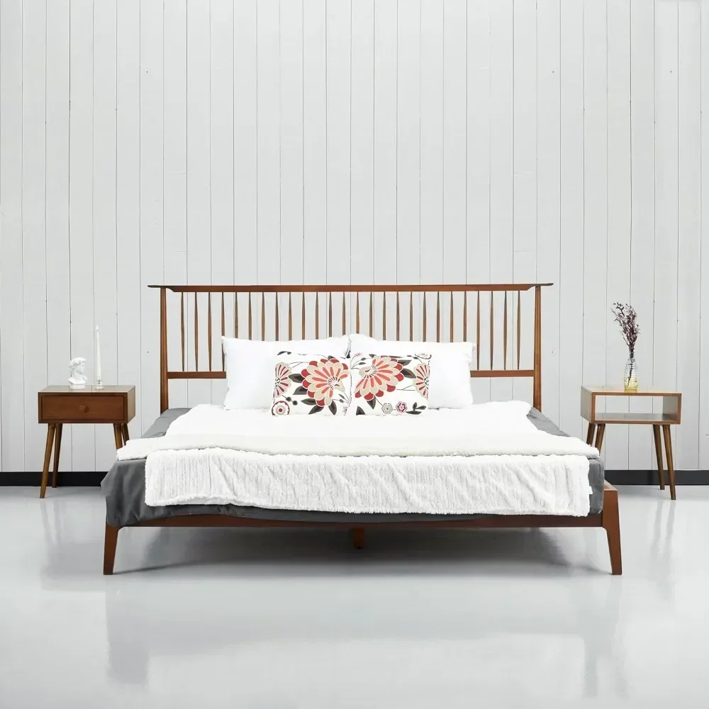 Ruby Wooden Bed Frame with Headboard, Crafted from Walnut, Rubber Wood with Silent Slats and Wood Central Supports, 1000 Lb