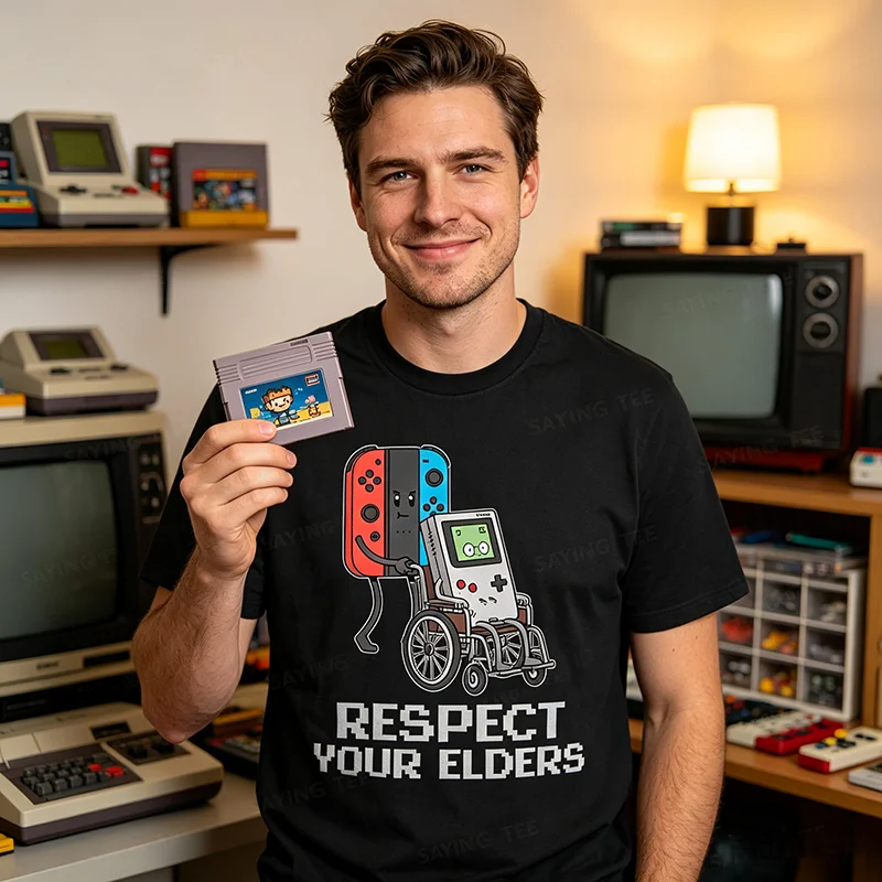 Lustiges Video-Gaming-T-Shirt für Männer, klassisches Gamer-T-Shirt, Respektiere deine Älteren, Gaming-T-Shirt, Y2k, weiches, bequemes Baumwoll-T-Shirt mit Spruch, Neuheit-Top – Detail 4