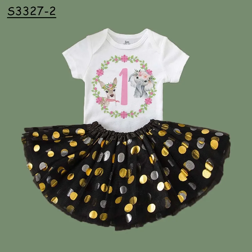 1 2 Year Wreath Birthday Girl Dresses Summer Newborn Short Sleeve Baby Tutu Dress Bodysuits Skirt Set Infantile Clothes Toddler