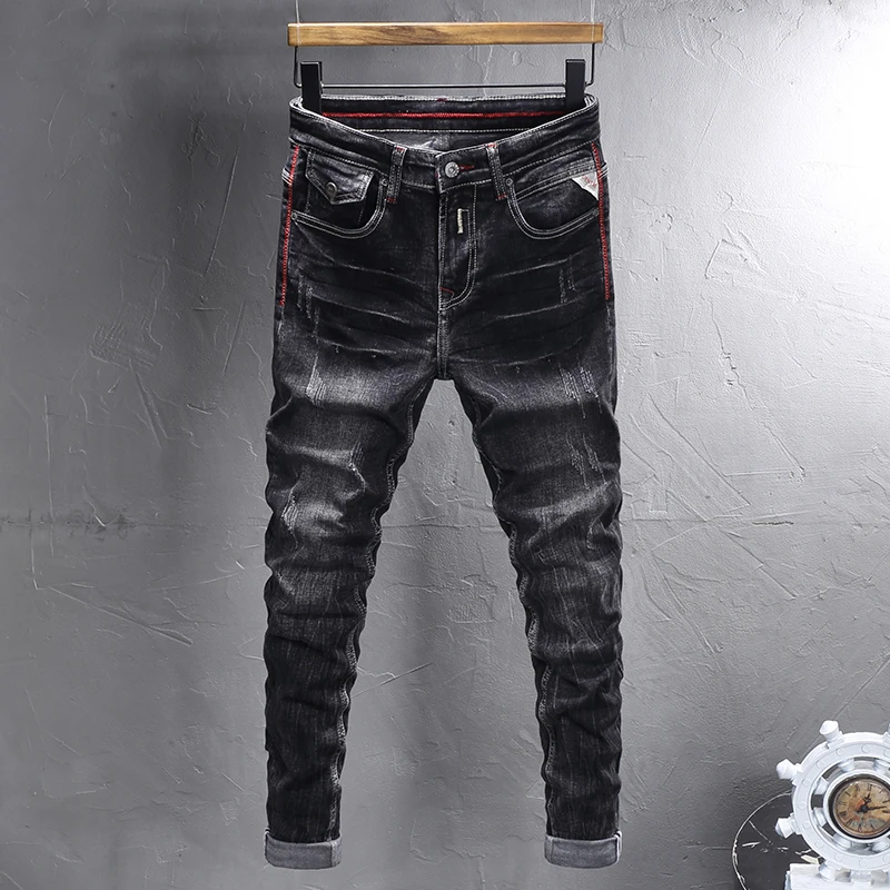 Estilo italiano moda masculina jeans retro preto cinza estiramento fino ajuste vintage rasgado jeans bordado designer casual calças jeans