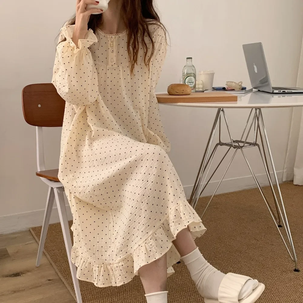 Polka Dot Sleepwear Women Nightgown Korean Ruffles Night Dress Spring One Piece Pajamas Long Sleeve O-neck Home Wear 2024 New