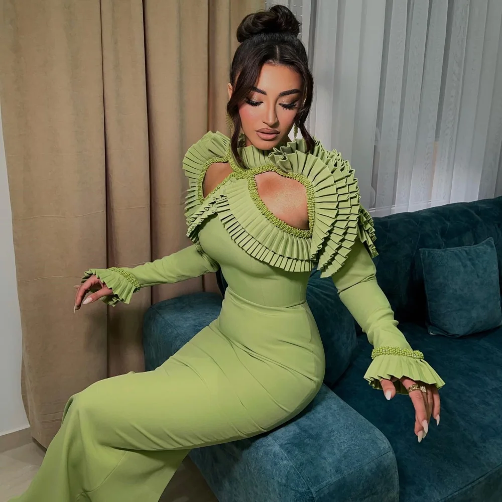 

Long Evening Dress Sexy Women 2024 فساتين السهرة Elegant Ruched O-Neck Trumpet Full Sleeve Green Cocktail Party Prom Gown