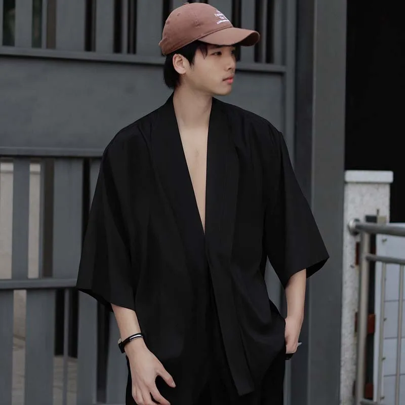 Men's Japanese Black Kimono Jacket Set Open Front 3/4 Sleeve Coat with Trousers Asian Chinese Style Printed Cardigan Suit