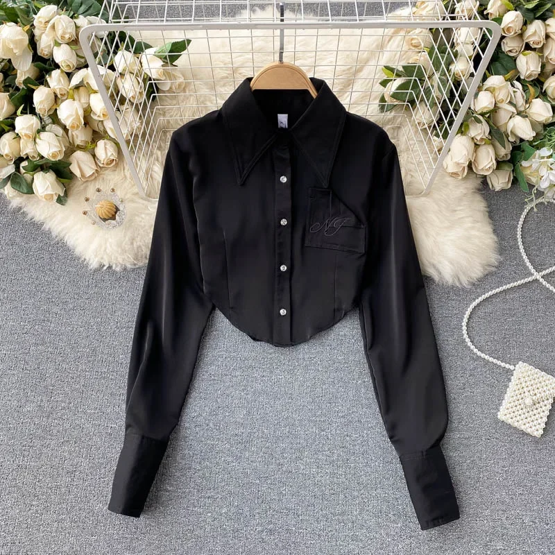 French Irregular Satin Shirt Women\'s Spring Autumn 2022 Chic Slim Long Sleeve Short Embroidered Cropped Navel Chiffon Top