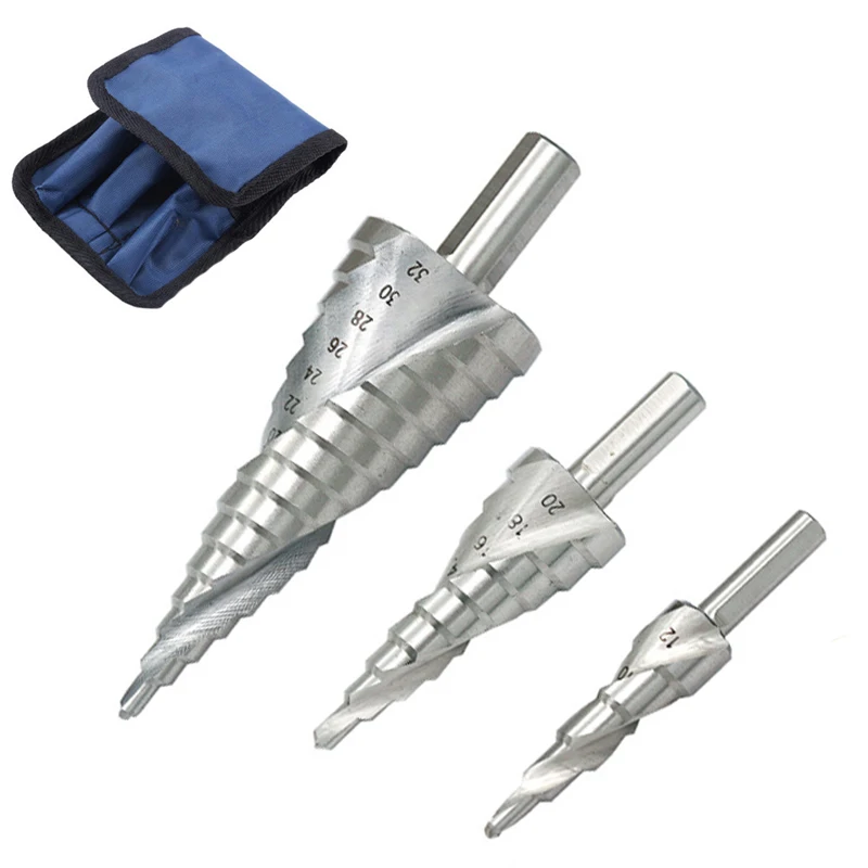 3Pcs 4-12 4-20 4-32mm Pagoda Drill Screw Drill Core Drilling Tool High Speed Steel HSS Spiral Grooved Metal Steel Step Drill Bit