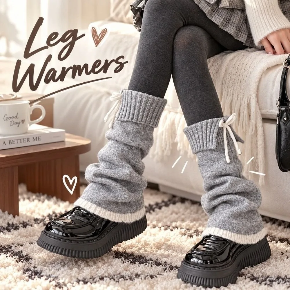 1 Pair Thick Knit Leg Warmer Warm Ribbed Cuff Knit Leg Sleeve Bow Accent Stacked Fit Calf Warmer Daily Winter Outfit Styling