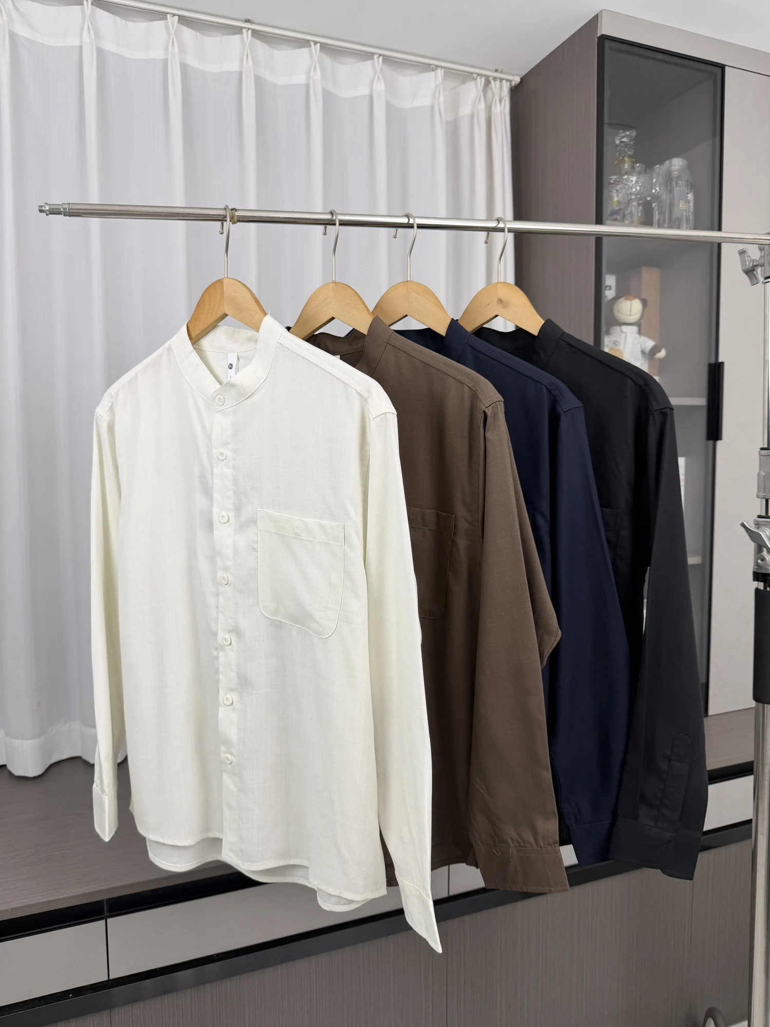 Comfortable Long Sleeve Rcelle Fabric Shirt Men's Fashion Urban Style Pure Color Breathable Stand Collar Casual Shirt