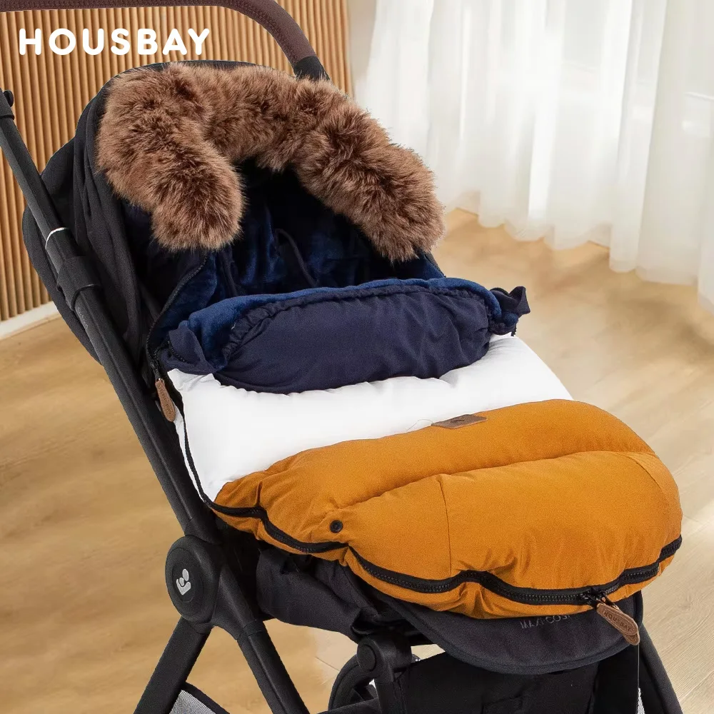 

Winter Stroller Footmuff 0-24Months Baby Envelope Sack Navy Blue Patchwork Windproof Removable Fur Collar For Universal Pram