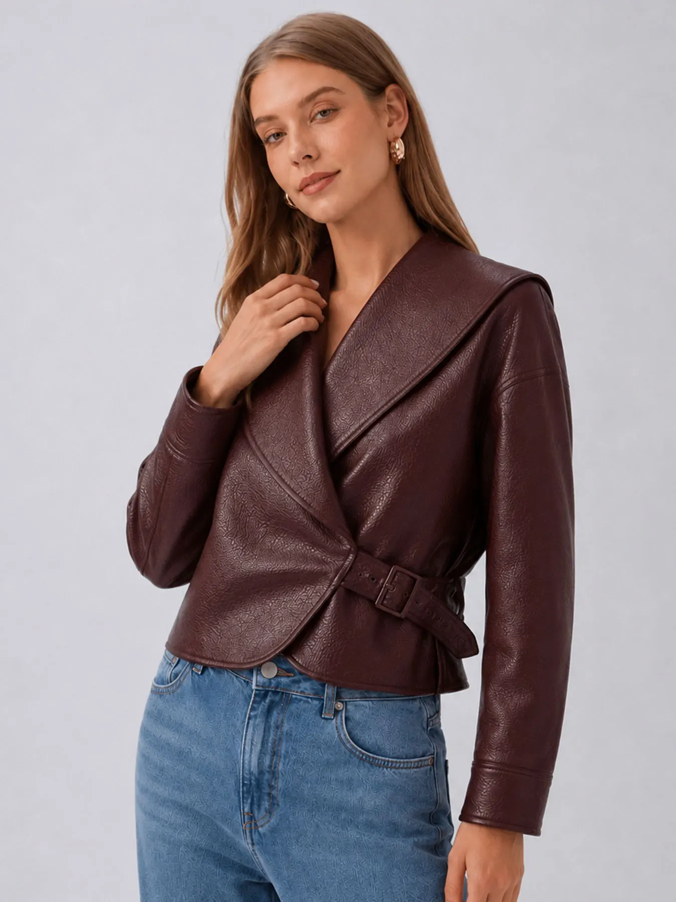 HH Modern Womens Faux Leather Outerwear Long Sleeves Fashion Party Asymmetric Side Buckle Closure Jacket Causal Autumn Coat