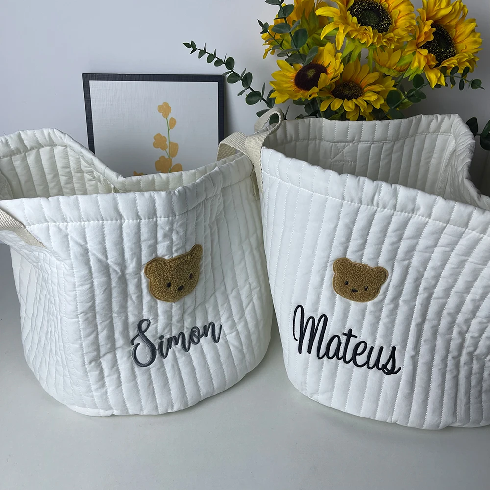 New Baby Shower Gifts Embroidered Name Bear Storage Basket Baby\'s Toys Storage Bag Personalized Baby Diaper Sorting Basket