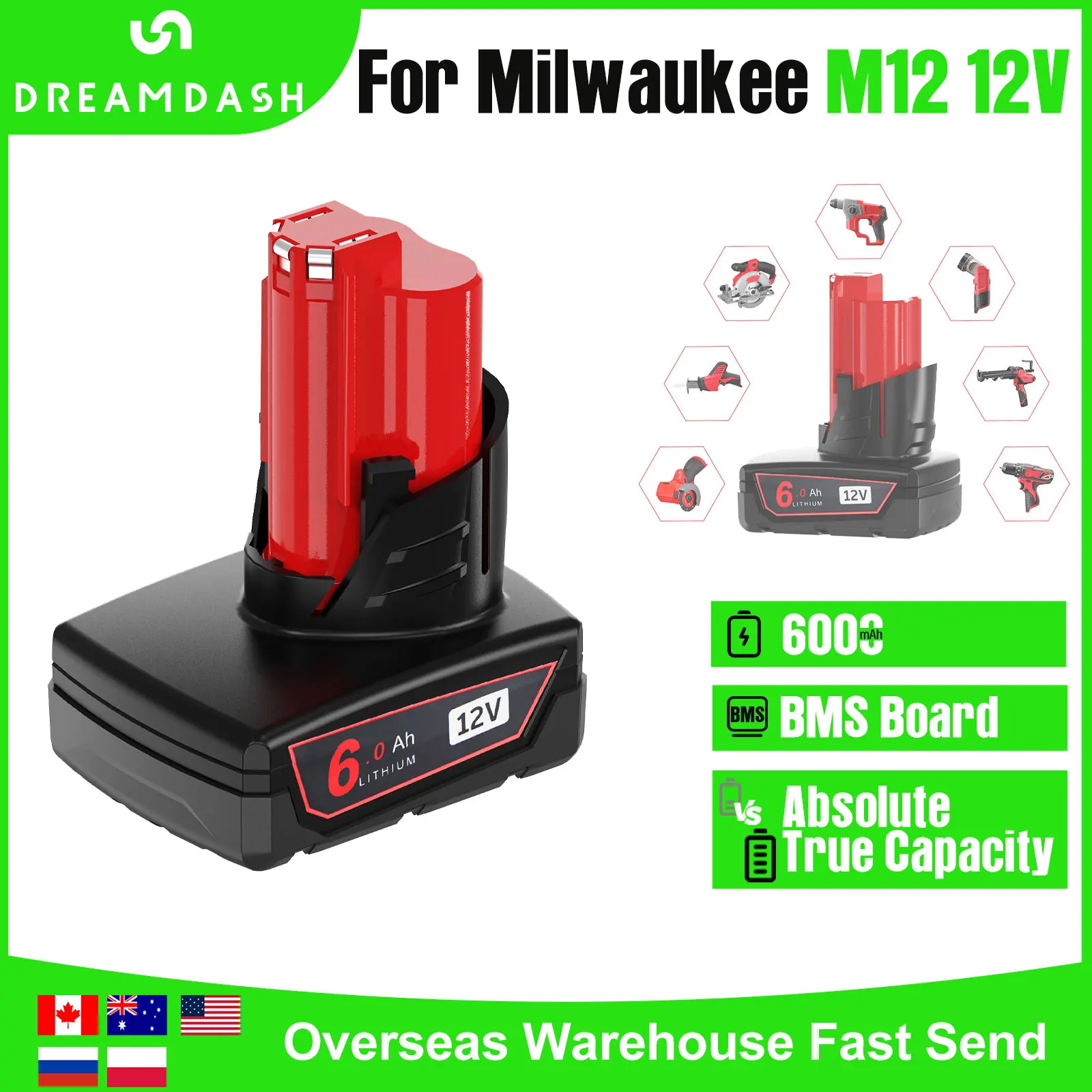 For Milwaukee M12 Battery 12V 6.0mAh Li-ion Power Tools For MIL-M12-12V 48-11-2402 48-11-2411 48-11-2412 M12B2 M12B4 Battery