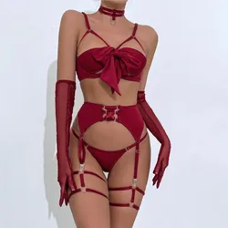 sex Bow bra red Temptation Bra Set sexy lingerie set Belt Hollowed Out Gathering Four Piece underwear women Set Erotic Sleepwear