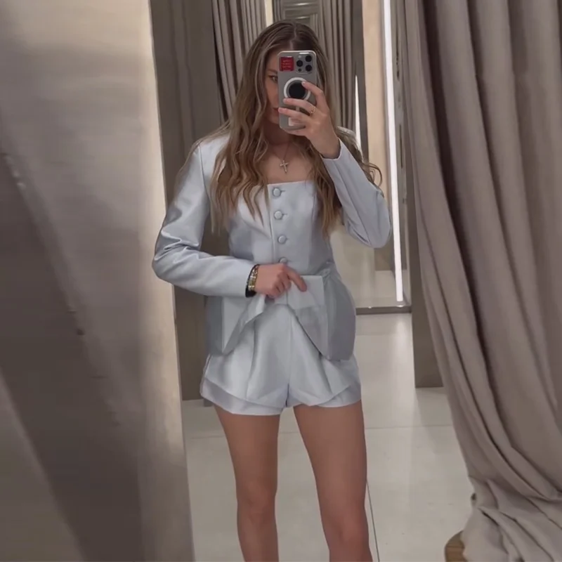 Casual Button Jacket Shorts Suit Women Solid Full Sleeve Square Collar Jackets Mini High Waist Short 2026 Autumn Set Lady New view 4