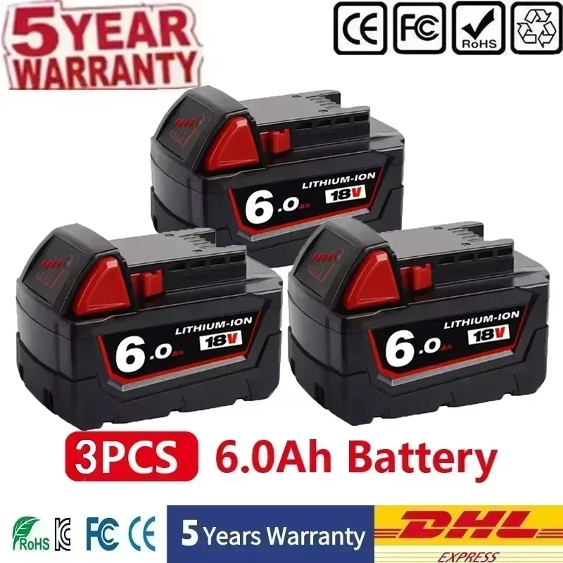 Voor Milwaukee M18 accu voor elektrische gereedschappen, oplader, BR, XC, 18V, 6000mAh M18B5, 48-11-1860, ingebouwde 18650 accu