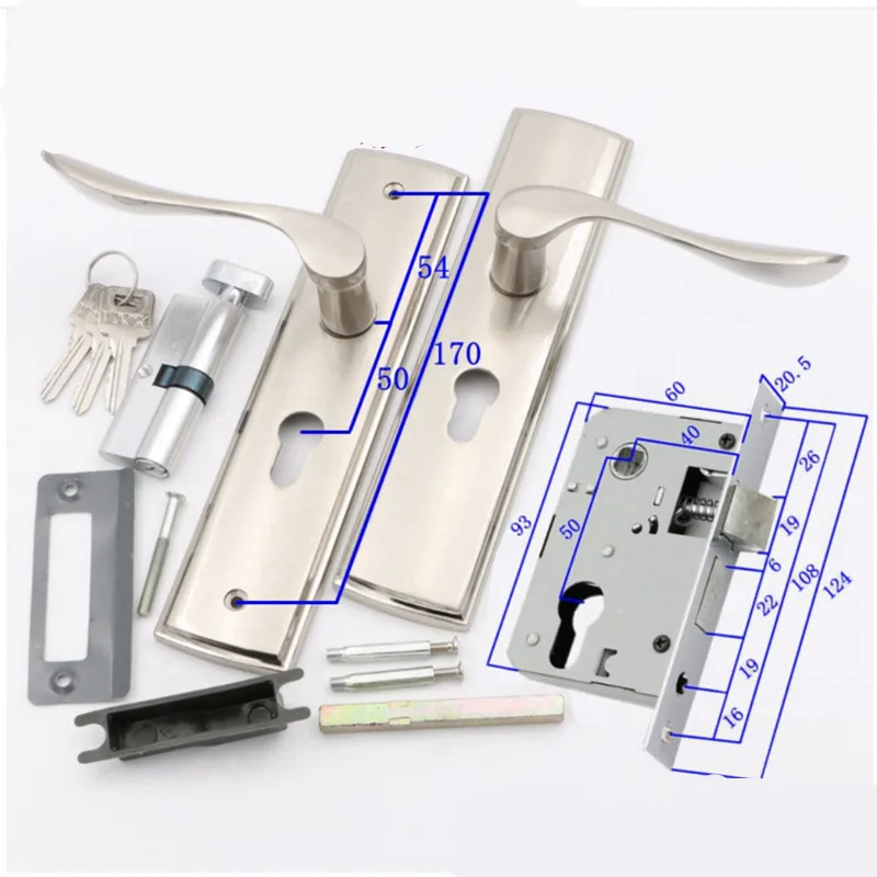 Silver Durable Door Handle Lock Cylinder Front Back Lever Latch Home Security W/ Keys Solid Square Tongue Interior Door Lock