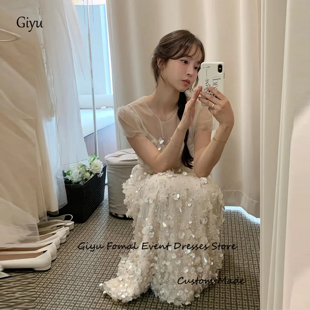 

Giyu Glitter Flowers Lace Korea Wedding Dresses Photo shoot Short Sleeves O-Neck Floor Length Bridal Gowns Princess Custom Made