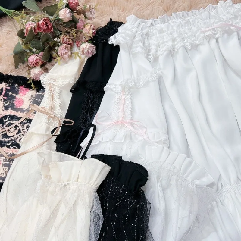 Japanese Sweet Lolita Blouses Women Kawaii Two Layer Mesh Bow Puff Long Sleeve Shirts Y2k Girls Vinatge Loose Blusas Mujer Tops