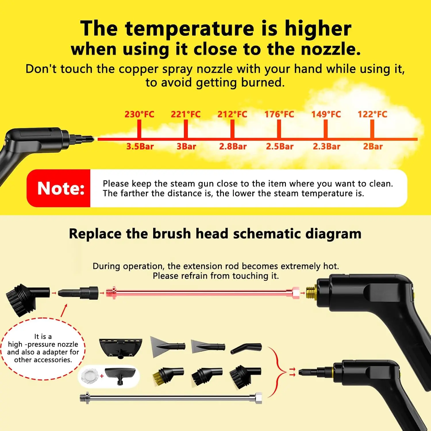 منظف بخار قابل للتعديل بثلاث مستويات، محمول باليد 10 ثوانٍ للمنزل والسيارة والجص والبلاط والأريكة والأرضية - أصفر