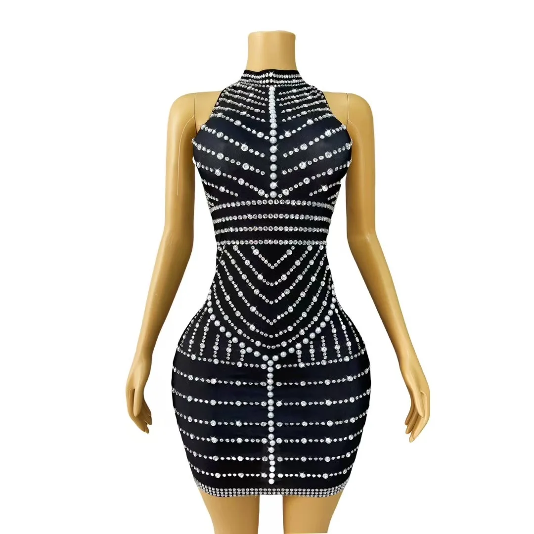 

Luxury Sparkly Rhinestone Sexy Backless Sheath Mini Dress Birthday Evening Party Singer Hotwife Nightclub Outfit Stage Costume