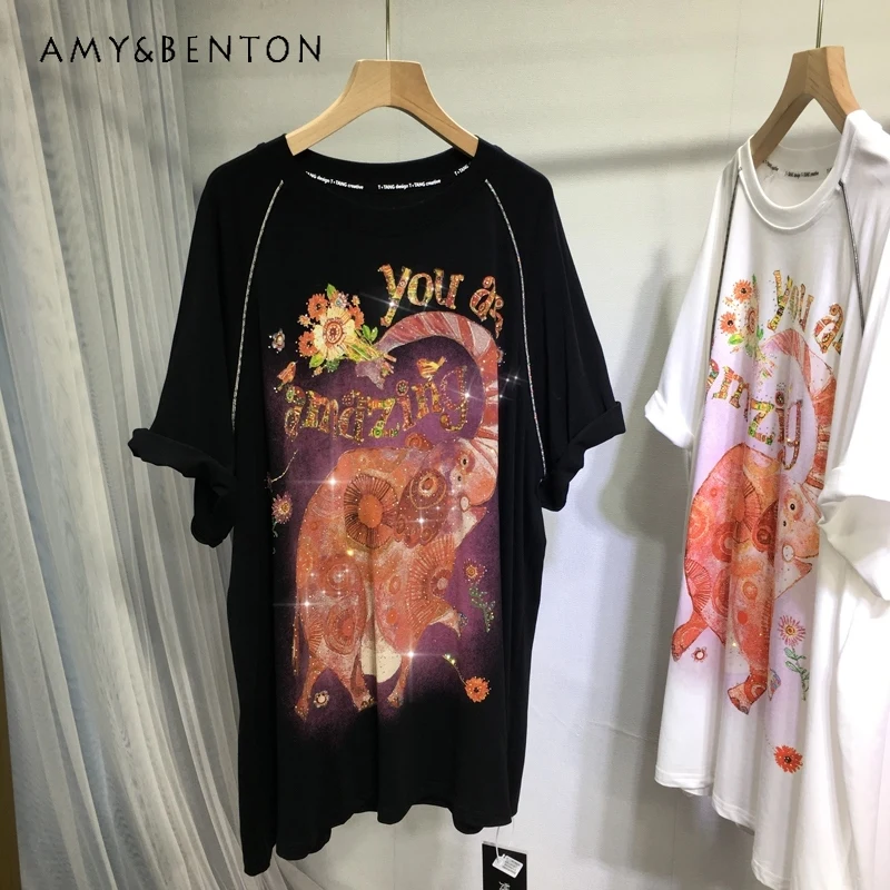 

Heavy Embroidery Diamond Drills Tshirt Women's Cute Cartoon Loose Mid-Length Slimming Sweet Top Summer Light Cotton Flash Tees