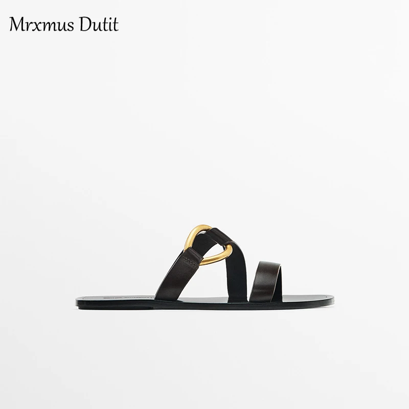 Mrxmus Dutit Metal-Ring Trim Flat Sandals 2023 New Summer Fashion Genuine Leather Women Sandals Casual Simple Beach Shoes