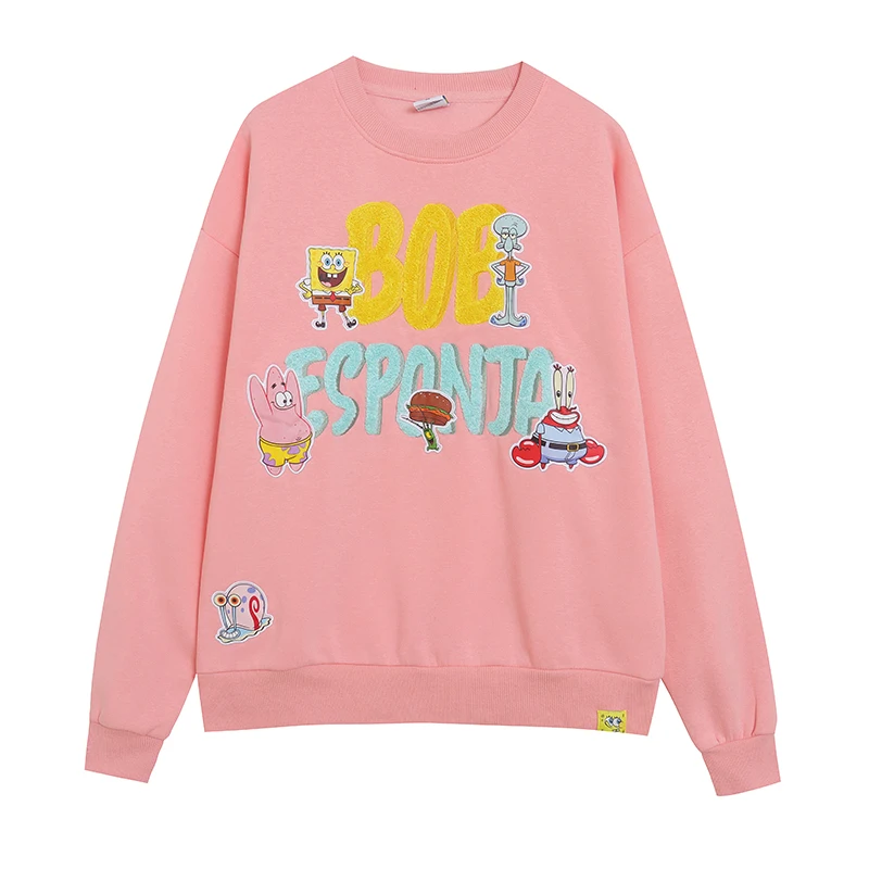 

Модная толстовка с вышитыми буквами и мультяшным принтом, на флисовой подкладке, с круглым вырезом, оверсайз, в уличном стиле, с длинными рукавами, молодежная, повседневная.