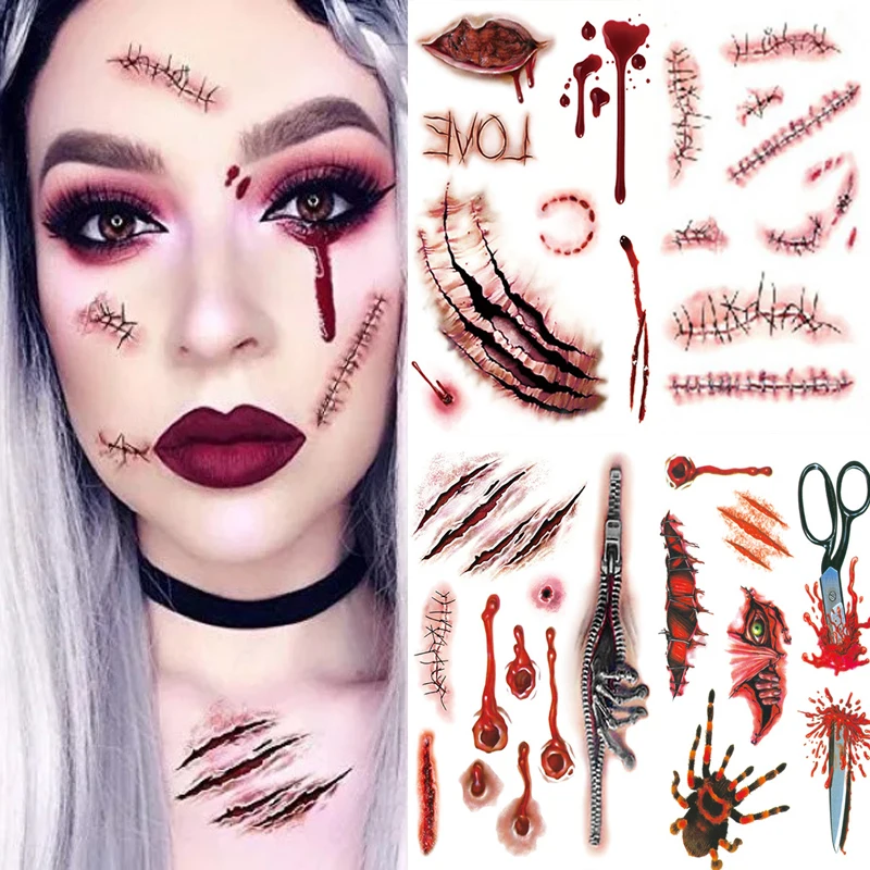 Halloween Tattoo Stickers DIY Party Terror Spider Bloody Litteken Wond Waterdicht Blijvende Realistische Stickers Lichaamsmake-up Decoratie