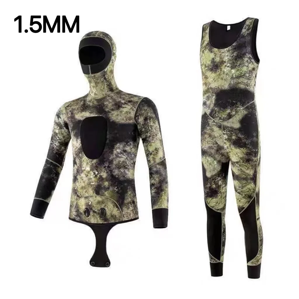 HOT Camouflage Long Sleeve Fission Hooded 2 Pieces Of 1.5/3MM Neoprene Submersible Suit For Men Keep Warm Waterproof Diving Suit