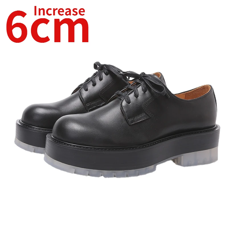 Men Formal Derby Shoes Genuine Leather Retro British Men Thick Soled Increase 6cm Fashion Casual Transparent Soled Leather Shoes