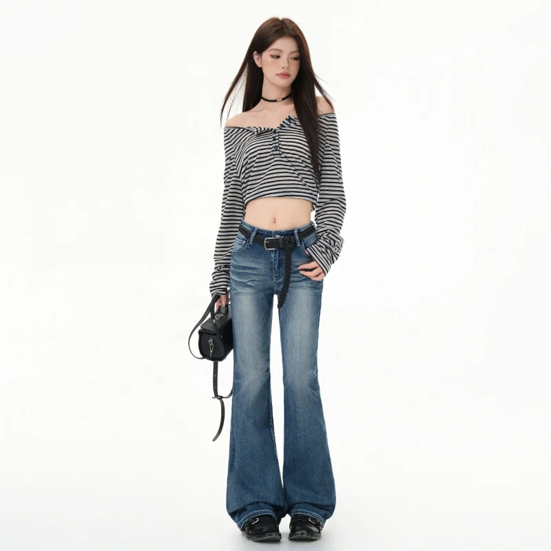 

American retro heavy-duty washed frayed narrow-fit stretch straight-leg jeans