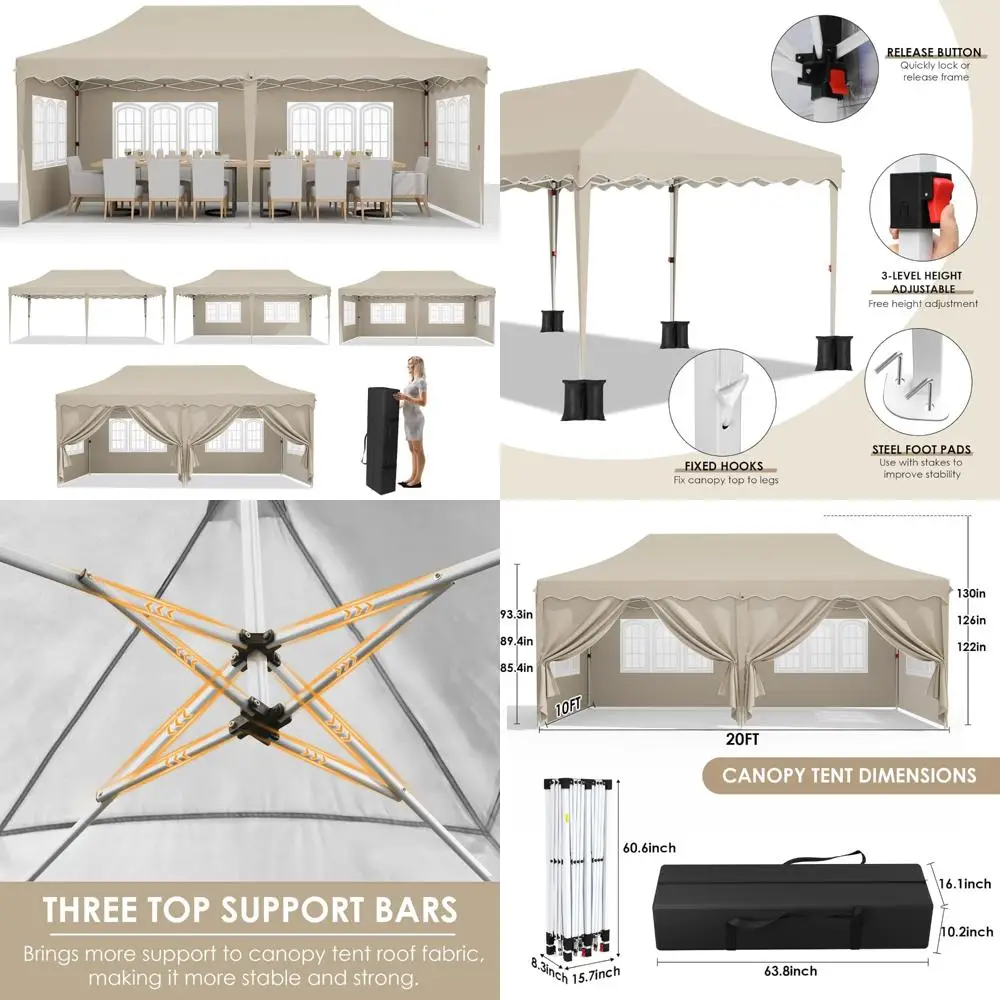 

Heavy-Duty 10x20ft Pop-Up Canopy Tent with 6 Sidewalls, Height Adjustable, Large Commercial Gazebo, Ideal for Weddings and Parti