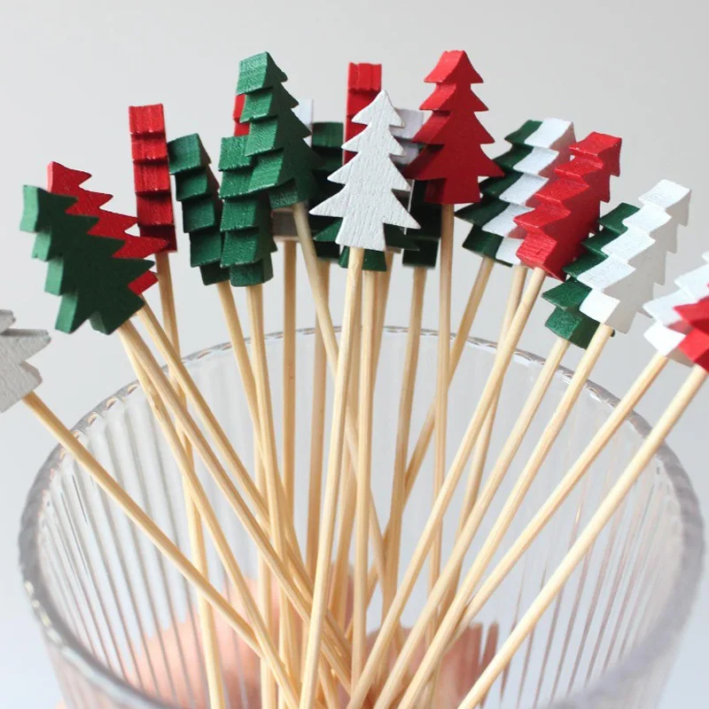 Christmas Mini Wooden Tree Food Picks, Red Green White Bamboo Cocktail Picks Festive Cupcake Toppers for Xmas Party Dessert Fruit Drink Table Decor