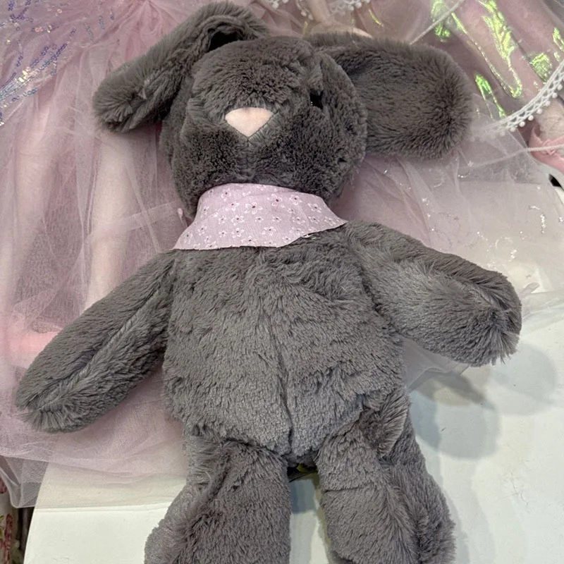Cute Grey Bunny Plush Toy Soft Stuffed Long Ear Rabbit Doll with Pink Floral Bandana Kawaii Plushie for Kids Birthday Home Decor