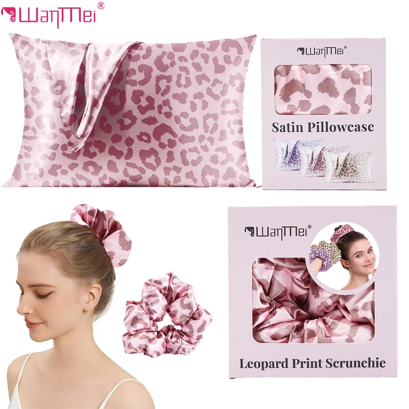 

2pcs/set Women's Leopard Print Satin Pillowcase with Hair Scrunchies Set Silk Pillow Cover for Hair and Skin Care for Women