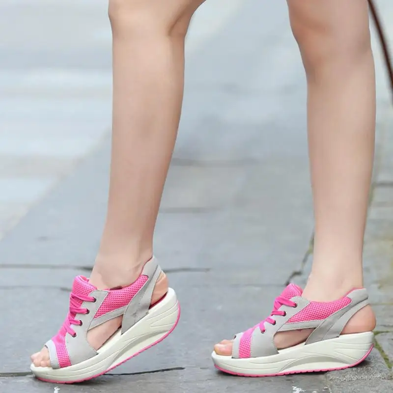 Sandalias de plataforma cómodas para mujer, cuñas transpirables con paneles de contraste, Muffin con cordones