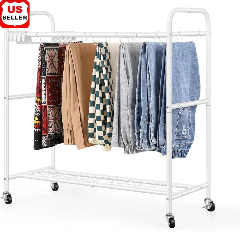 

Portable Pants Hanger Trolley with 30 Racks 2 Tier Rolling Storage Shelf Easy Pants Organization